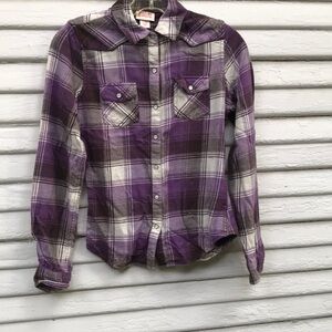 Mossimo Supply Co purple/ brown plaid flannel pearl snap western shirt XS